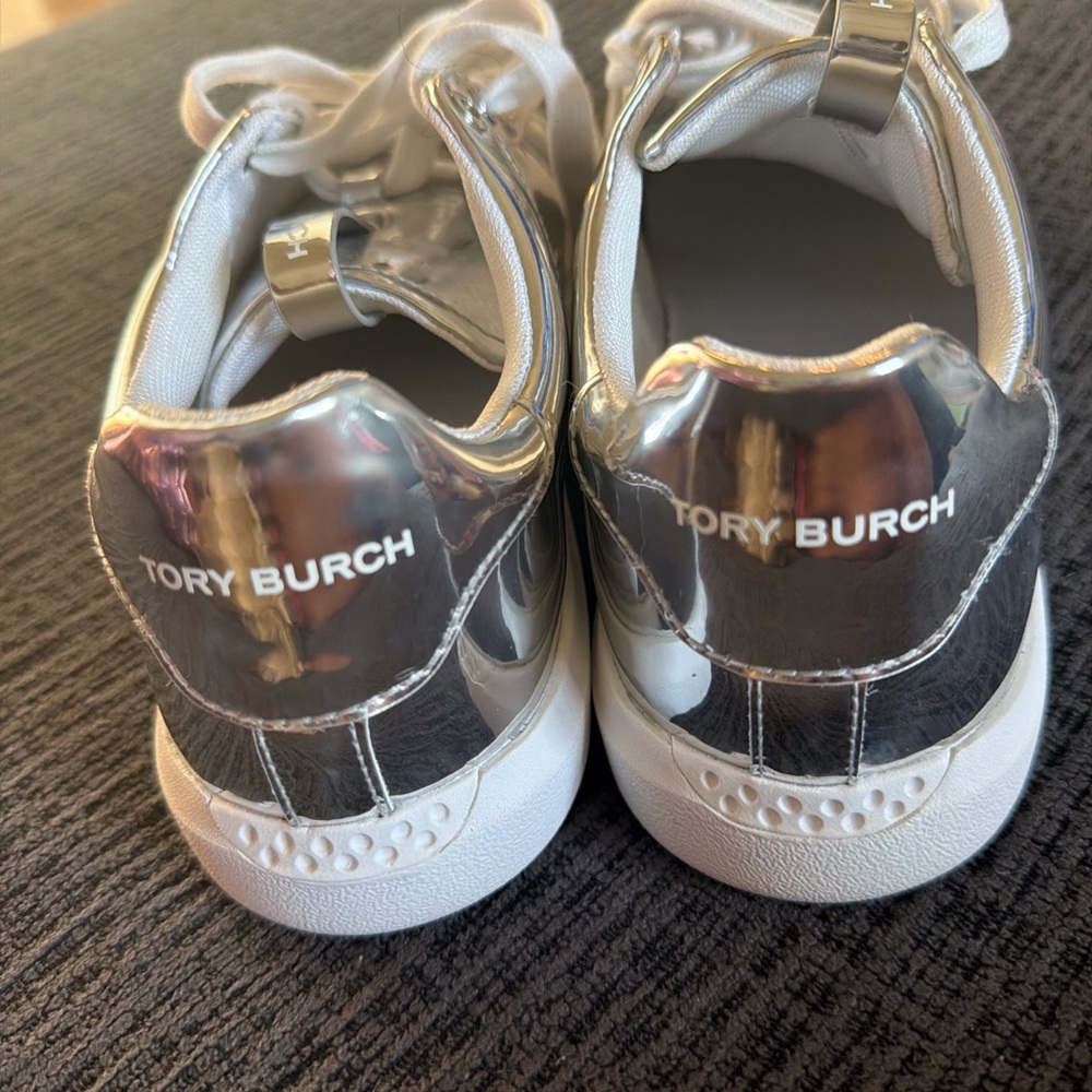 Tory Burch Metallic Silver Logo Sneakers - Picture 4 of 5